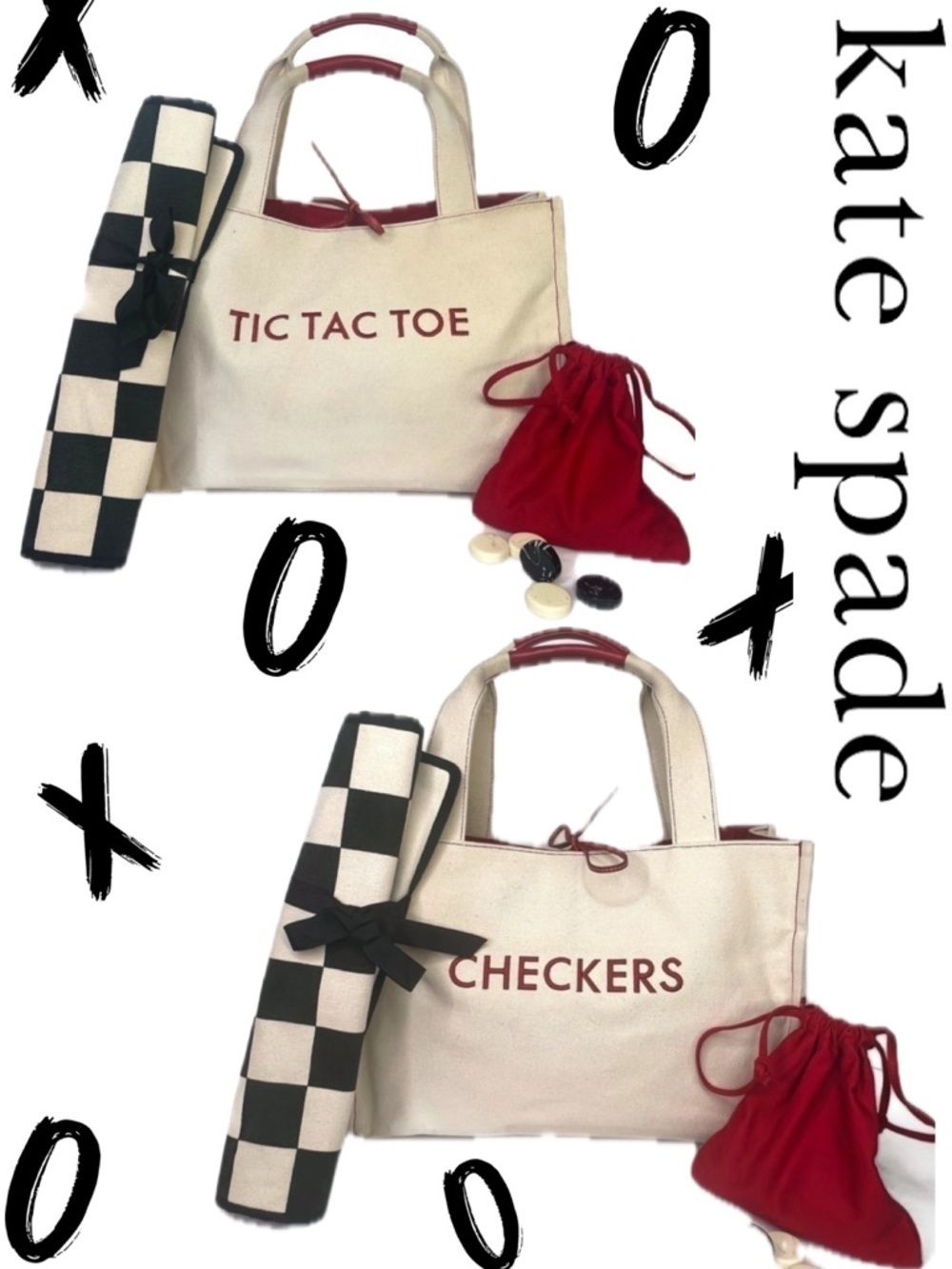 Kate Spade New York Mason Long Handles "TIC TAC TOE" "CHECKERS" Canvas Game Tote
